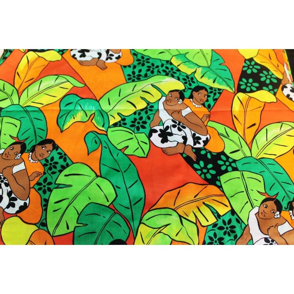 Vtg BTY Colorful Hawaiian Polynesian Leaves Women Tropical Tiki Fabric Peter Pan